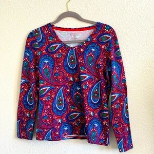 Talbots Paisley Top Size PM Women Petite Red Blue Long Sleeve V-Neck Stretch Tee